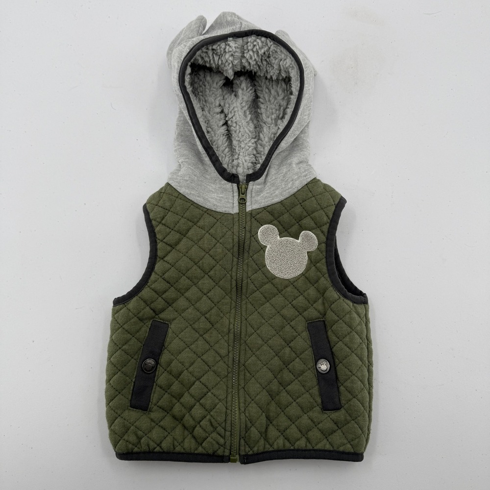 Disney Mickey Mouse Quilted Hooded Vest Kids 12M Green Sherpa Ear Hood
